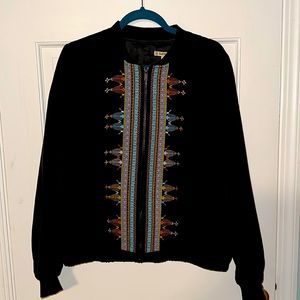 Embroidered black faux suede jacket